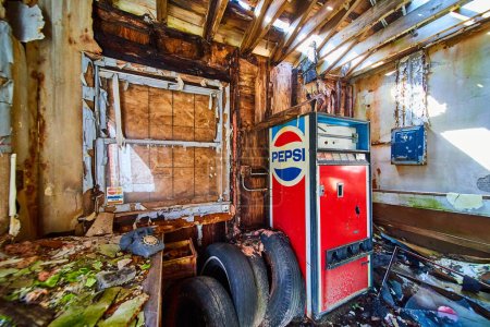 Foto de Imagen del interior destruido del espacio abandonado con la máquina expendedora Pepsi, neumáticos y teléfono giratorio - Imagen libre de derechos