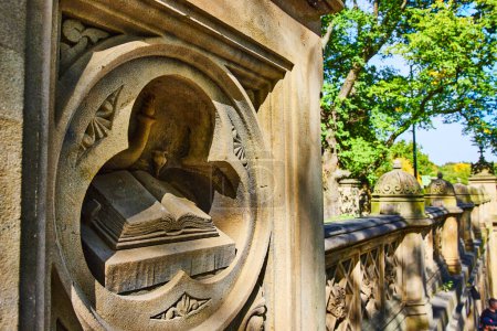 Photo for Image of Detail of open book limestone sculpture in Central Park New York City - Royalty Free Image