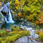 Image of Stairs leading down to beautiful waterfall in fall forest of New York