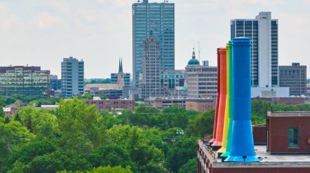 Photo for Image of Rainbow painted Science Central smokestacks on left with distant downtown Fort Wayne city - Royalty Free Image