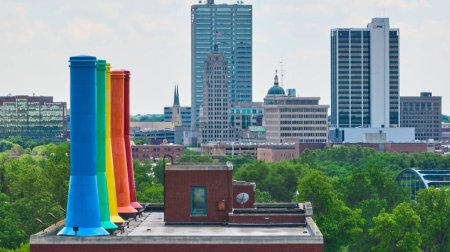 Photo for Image of Aerial roof of Science Central with iconic rainbow painted smokestacks with downtown Fort Wayne view - Royalty Free Image