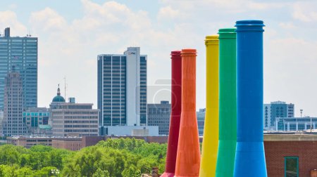 Foto de Imagen de Aerial Science Pilas de humo del arco iris central con rascacielos en el centro de Fort Wayne - Imagen libre de derechos