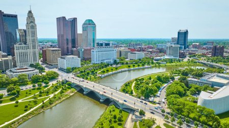 Photo for Image of Bridge from Center of Science and Industry to skyscrapers in downtown Columbus Ohio aerial - Royalty Free Image