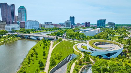 Photo for Image of Wide view aerial National Veterans Memorial and Museum with Columbus Ohio skyline - Royalty Free Image