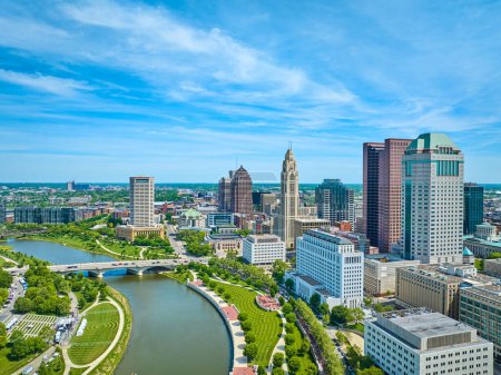 Photo for Image of Aerial Columbus Ohio with river greenway and promenade next to downtown buildings - Royalty Free Image