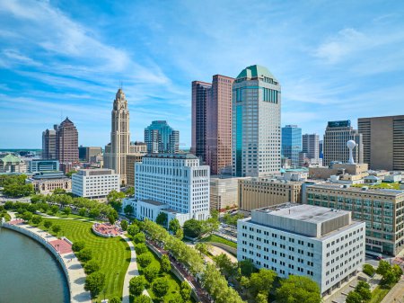 Photo for Image of Columbus Ohio downtown aerial with summer blue sky and green promenade - Royalty Free Image