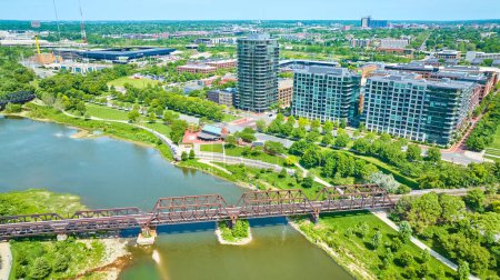 Image of Aerial train bridge over river near downtown Columbus Ohio
