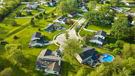 Image of Middleclass suburban neighborhood small cul-de-sac and two in ground pools aerial