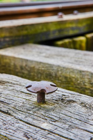 Photo for Image of Cross shaped nail head on textured wood of distant blurred railroad tracks vertical shot - Royalty Free Image