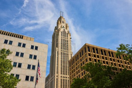 Photo for Image of LeVeque Tower Columbus Ohio with American and Ohio flags on summer day - Royalty Free Image
