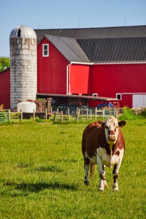 Photo for Image of Brown and white cow standing in green field with red barn and white silo behind it - Royalty Free Image