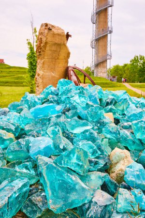 Foto de Imagen de Turquesa y verde azulado con trozos de cristal de zafiro en una pila rocosa en el Parque de la Fundación Aérea con torre - Imagen libre de derechos