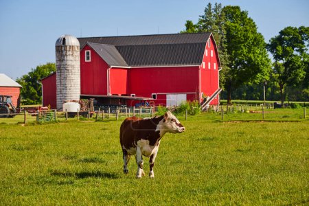 Photo for Image of Brown and white cow standing in green pasture with red barn and white silo behind it - Royalty Free Image