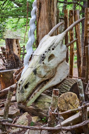 Photo for Image of Smiling white dragon skull resting on wood logs with white unicorn horn leaning on tree behind it - Royalty Free Image