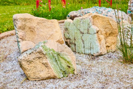 Foto de Imagen de revestimiento de vidrio de roca y hormigón como una geoda con fragmentos claros en el suelo y flores rosadas cercanas - Imagen libre de derechos