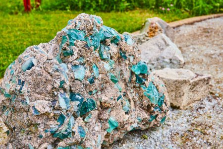 Foto de Imagen de cristal azul turquesa y zafiro incrustado y fundido en roca de hormigón destruido con suelo vidrioso - Imagen libre de derechos