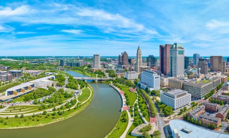 Photo for Image of Aerial panorama Columbus Ohio downtown with skyscrapers and Center of Science and Industry - Royalty Free Image