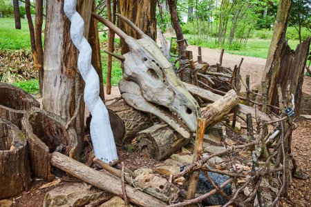 Photo for Image of Smiling white dragon skull next to unicorn horn and surrounded by stick fence - Royalty Free Image