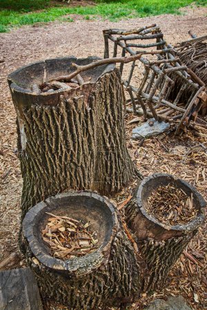 Photo for Image of Campsite with stump carved out for cooking with bowls and nearby woven basket and snare traps - Royalty Free Image