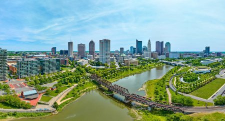 Photo for Image of Aerial panorama of distant Columbus Ohio skyscrapers with two bridges and the Scioto River - Royalty Free Image
