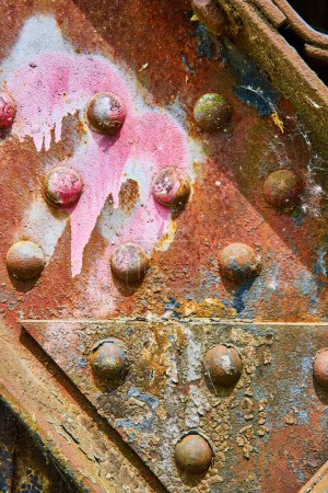 Photo for Image of Pink spray paint on rusty and corroding iron metal rivets on bridge beam with yellow flecks - Royalty Free Image