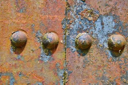 Photo for Image of Four rivets split by crack on rusty decaying corroding iron metal industrial background asset - Royalty Free Image
