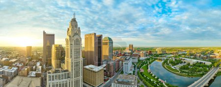 Photo for Image of Panorama aerial of Columbus Ohio split by Scioto River at sunrise - Royalty Free Image