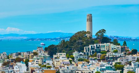 Téléchargez les photos : Image de la baie de San Francisco avec Coit Tower au sommet de Telegraph Hill et entouré de logements aériens - en image libre de droit