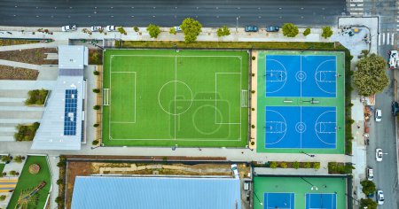 Image of Downward aerial over Margaret S Hayward Soccer Field with Margaret S Hayward Basketball Courts