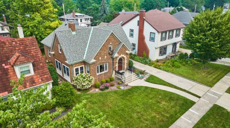 Image of Low aerial of old brick building in neighborhood with landscaped lawns