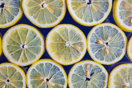 Téléchargez les photos : Image de Voir à travers des tranches de citron avec des graines sur fond bleu marine - en image libre de droit