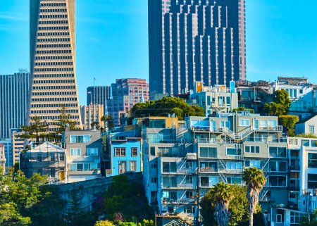 Photo for Image of Aerial panorama sunny San Francisco apartment buildings with downtown skyscrapers - Royalty Free Image