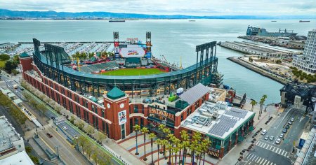 Photo for Image of Aerial Oracle Park Willie Mays Gate entrance with ballpark and South Beach Harbor - Royalty Free Image