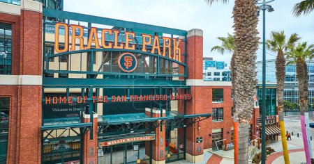 Photo for Image of Aerial Oracle Park Willie Mays Gate ballpark entrance with palm trees and sign - Royalty Free Image