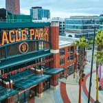 Image of Aerial Oracle Park Home of the San Francisco Giants sign and entrance with palm trees