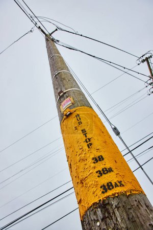 Photo for Image of Telephone pole with yellow patch of paint and view of wires crisscrossing over overcast sky - Royalty Free Image