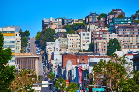 Foto de Imagen de Street cortando filas de negocios y edificios de apartamentos en un día de cielo azul claro en CA - Imagen libre de derechos