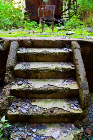 Pasos olvidados: Abandonados y sobrecargados, estos pasos concretos desgastados cuentan una historia de abandono y el paso del tiempo. La naturaleza reclama el paisaje como musgo, escombros y follaje invasor.