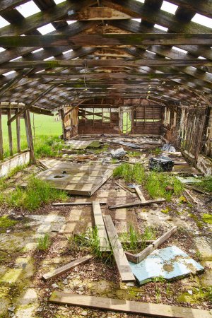 Photo for Natures Reclamation: A dilapidated wooden barn in Bicentennial Acres, Fort Wayne, Indiana, stands forgotten and decayed, as natures lush green field reclaims its surroundings. A poignant reminder of - Royalty Free Image