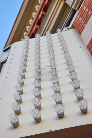 Foto de Vista diurna del patrón de bombillas verticales en la fachada del Teatro Cívico en el centro de Muncie, Indiana: una exhibición única de diseño urbano e iluminación arquitectónica. - Imagen libre de derechos
