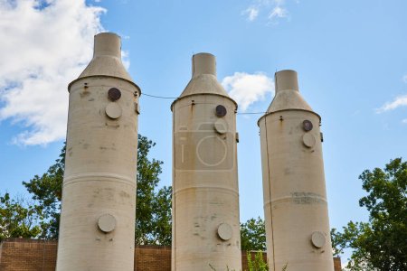 Téléchargez les photos : Vue diurne d'imposants silos industriels dans les jardins botaniques d'Elkhart, en Indiana, mettant en valeur une infrastructure robuste contre un ciel bleu clair - en image libre de droit