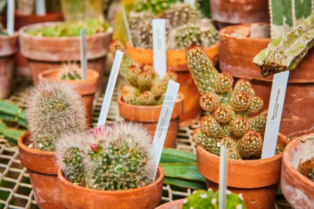 Téléchargez les photos : Variété de cactus dans des pots en terre cuite altérée, Muncie Greenhouse, Indiana 2023 - Une exposition éducative de la flore de la région aride - en image libre de droit