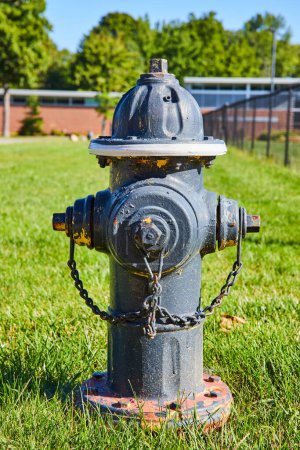 Foto de La boca de incendios azul y erosionada hace guardia en un entorno suburbano soleado, Muncie, Indiana, 2023 - un símbolo de seguridad pública e infraestructura urbana duradera. - Imagen libre de derechos
