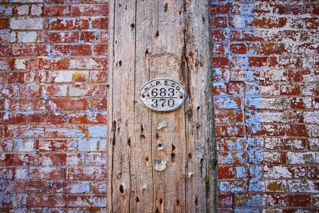 Photo for Image of Red brick wall covered in white and blue paint cracked, chipped, flecks with telephone pole 683 370 - Royalty Free Image