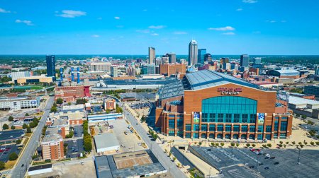 Photo for 2023 Aerial view of Lucas Oil Stadium, a prominent sports venue amidst the thriving urban landscape of Indianapolis, captured by DJI Mavic 3 drone - Royalty Free Image