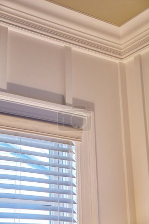 Téléchargez les photos : Élégant intérieur résidentiel à Coldwater, Michigan, mettant en valeur les stores de fenêtre blancs modernes et le moulage par couronne détaillé - en image libre de droit