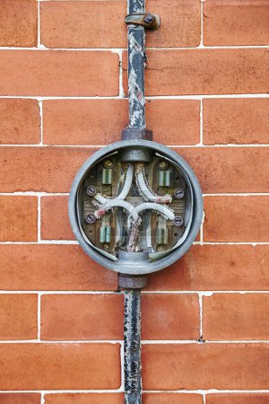 Photo for Old electrical junction box on a brick wall, showing wear and age, from Mudhouse Mansion in Lancaster, Ohio. - Royalty Free Image