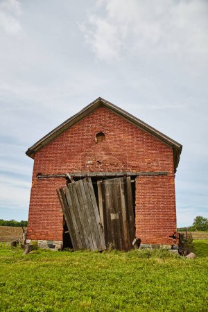Foto de Granero de ladrillo rojo abandonado con puertas de madera en descomposición en Auburn, Indiana, bajo un cielo azul suave, que simboliza la decadencia rural y el paso del tiempo. - Imagen libre de derechos