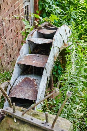 Téléchargez les photos : La gouttière rouillée abandonnée s'accroche au mur de briques, dépassée par la nature à Lancaster, Ohio - en image libre de droit