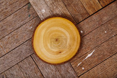 Photo for Close-up of a wooden slice with concentric tree rings on a rustic plank surface, illustrating natural beauty and sustainability, Fort Wayne, Indiana, 2015. - Royalty Free Image